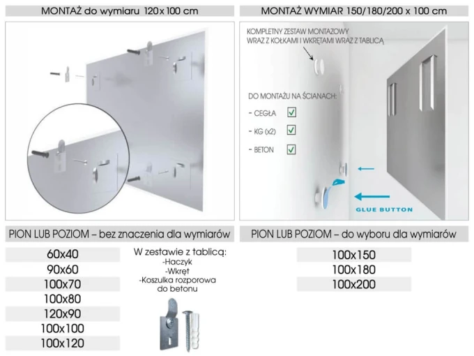 Tablica szklana magnetyczna dowolny kolor RAL 150x100cm - Wzór graficzny. Grafika przedstawia schemat montażu z wymiarami