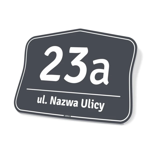 Tabliczka adresowa na białym tle z polem na numer domu i nazwę ulicy w przykładowej grafitowej kolorystyce