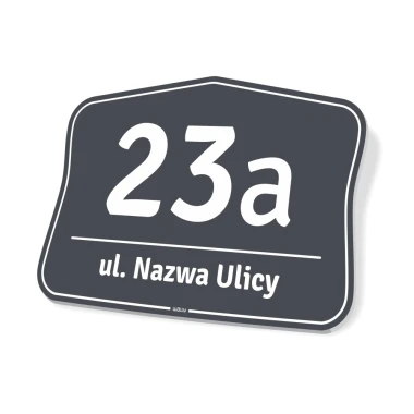 Tablica adresowa z numerem domu - Wzór graficzny. Kształt prostokątny z zaokrąglonymi rogami, ciemne tło z białym napisem