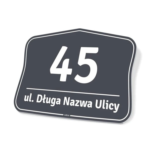 Tabliczka adresowa z polem na numer domu i nazwę ulicy w ujęciu pokazującym grubość płyty i jej kształt