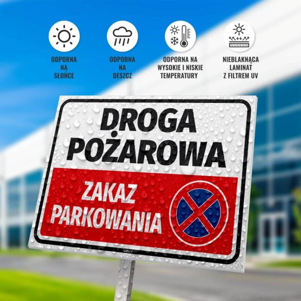 Tabliczka Droga pożarowa zakaz parkowania na słupku w infografice pokazującej odporność na warunki atmosferyczne