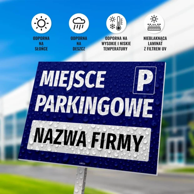 Tabliczka Miejsce parkingowe, z polem na nazwę firmy - Wzór graficzny. Niebieskie tło z białym tekstem i ikonami