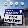 Tabliczka Miejsce parkingowe, z polem na nazwę firmy - Wzór graficzny. Niebieskie tło z białym napisem i ikonami