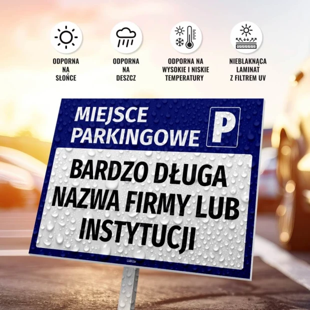 Tabliczka Miejsce parkingowe, z polem na nazwę firmy - Wzór graficzny. Niebieskie tło z białym napisem i symbolem P