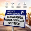 Tabliczka Miejsce parkingowe, z polem na nazwę firmy - Wzór graficzny. Niebieskie tło z białym napisem i symbolem P