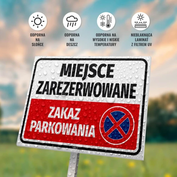 Infografika z tabliczką Miejsce zarezerwowane zakaz parkowania i ikonami odporności na warunki atmosferyczne