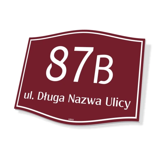 Tabliczka adresowa z przykładowym polem na numer domu i ulicę, w bordowej wersji kolorystycznej