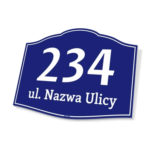 Niebieska tabliczka adresowa na białym tle z przykładowym polem na numer domu i nazwę ulicy