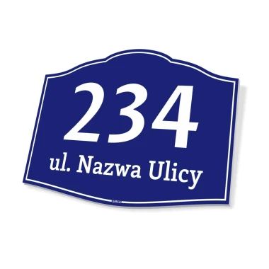 Tabliczka na dom z numerem, adresem - Wzór graficzny. Prostokątna tabliczka z zaokrąglonymi krawędziami, ciemnoniebieskie