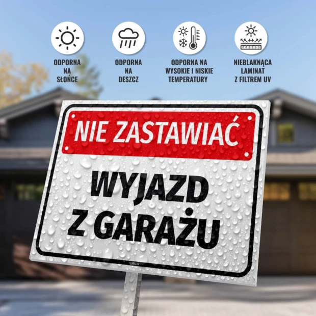 Tabliczka Nie zastawiać, wyjazd z garażu - Wzór graficzny. Prostokątna tabliczka z czerwonym napisem na białym tle