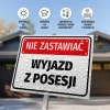 Tabliczka Nie zastawiać, wyjazd z posesji - Wzór graficzny. Prostokątna tabliczka z czerwonym tłem i dużymi czarnymi