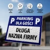 Tabliczka Parking dla gości z polem na nazwę - Wzór graficzny. Prostokątna tabliczka z niebieskim tłem i białym tekstem