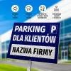 Tabliczka Parking dla klientów firmy z polem na nazwę - Wzór graficzny. Niebieskie tło, białe litery, symbol parkingu