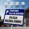 Tabliczka Parking dla klientów firmy z polem na nazwę - Wzór graficzny. Prostokątna tabliczka z niebieskim tłem i białym