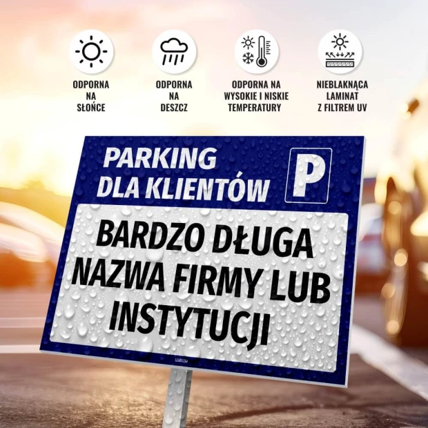 Tabliczka Parking dla klientów firmy z polem na nazwę - Wzór graficzny. Prostokątna tabliczka z niebieskim tłem i białymi