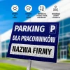 Tabliczka Parking dla pracowników z polem na nazwę - Wzór graficzny. Prostokątna tabliczka z niebieskim tłem i białym