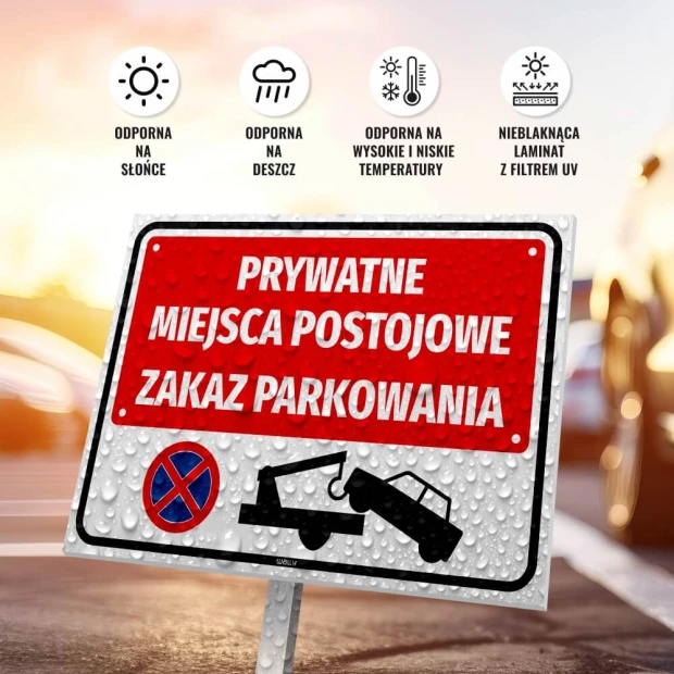 Tabliczka Prywatne miejsca postojowe, zakaz parkowania - Wzór graficzny. Czerwone tło z białym napisem i symbolem zakazu