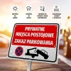 Tabliczka Prywatne miejsca postojowe, zakaz parkowania - Wzór graficzny. Czerwone tło z białym napisem i symbolem zakazu