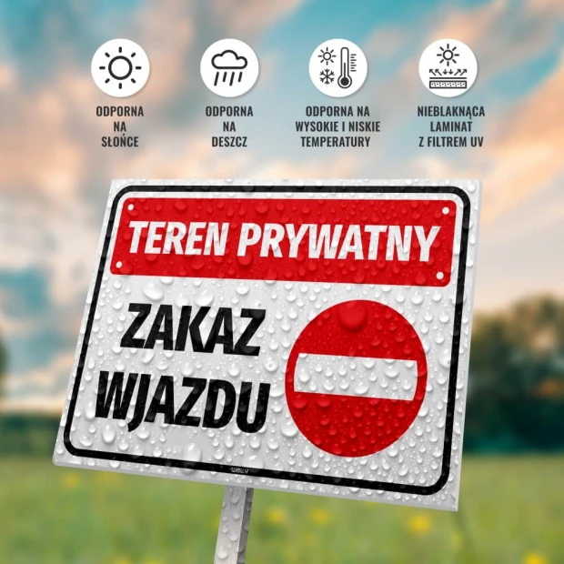 Tabliczka Teren prywatny Zakaz wjazdu - Wzór graficzny. Prostokątna tabliczka z czerwonymi i białymi elementami