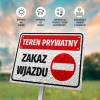 Tabliczka Teren prywatny Zakaz wjazdu - Wzór graficzny. Prostokątna tabliczka z czerwonymi i białymi elementami