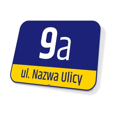 Tabliczka z nazwą ulicy i numerem - Wzór graficzny. Prostokątna tabliczka z niebieskim tłem, białym numerem i żółtym napisem