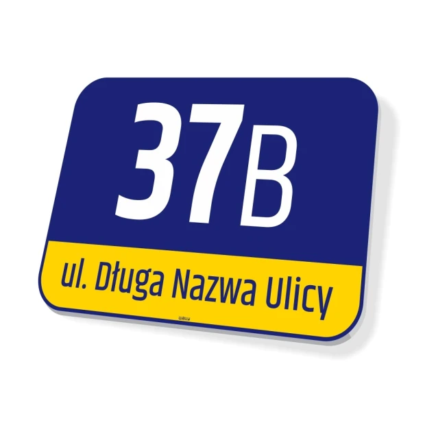 Niebiesko-żółta tabliczka adresowa z zaokrąglonymi rogami, z przykładowym numerem domu i nazwą ulicy