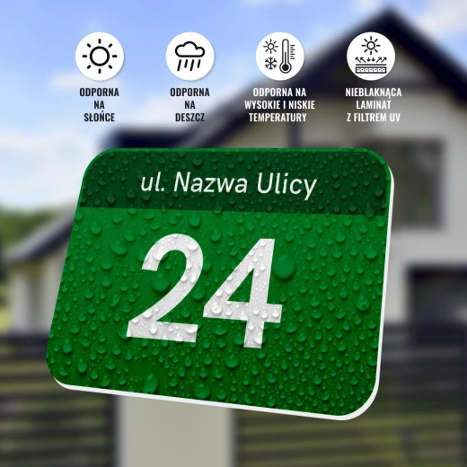 Infografika prezentująca odporność zielonej tabliczki adresowej na warunki atmosferyczne i promienie UV