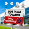 Tabliczka Zakaz parkowania - Dostawa towaru - Wzór graficzny. Czerwony tekst na białym tle, symbol zakazu parkowania