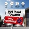 Tabliczka Zakaz parkowania - Dostawa towaru - Wzór graficzny. Prostokątna tabliczka z czerwonym i niebieskim symbolem