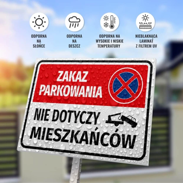 Tabliczka Zakaz parkowania Nie dotyczy mieszkańców - Wzór graficzny. Czerwony i biały prostokąt z symbolem zakazu