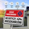 Tabliczka Zakaz parkowania Nie dotyczy mieszkańców - Wzór graficzny. Czerwony i biały prostokąt z symbolem zakazu