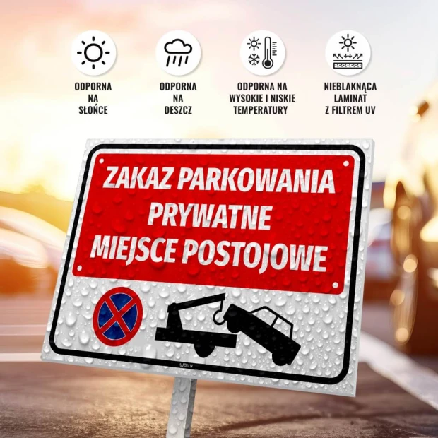 Infografika prezentująca odporność tabliczki Zakaz parkowania Prywatne miejsce postojowe na warunki atmosferyczne