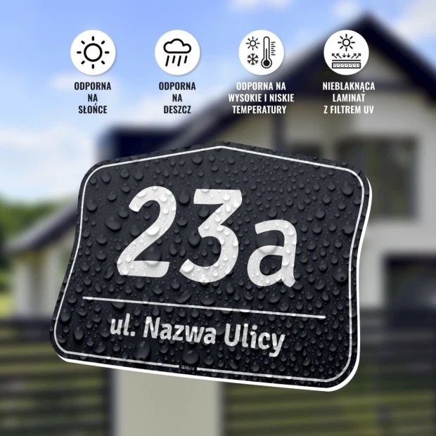 Infografika prezentująca odporność tabliczki adresowej na warunki atmosferyczne i wodę na przykładzie kropli deszczu