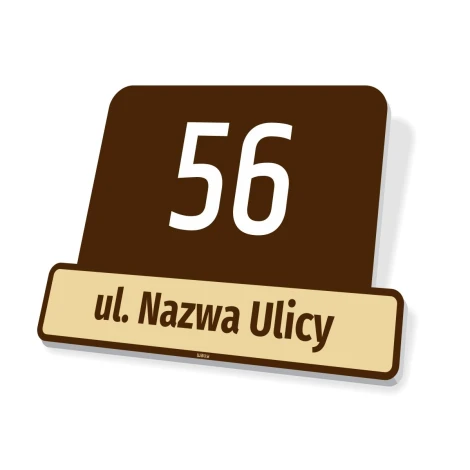 Tabliczka adres numer domu, budynku - Wzór graficzny. Prostokątna tabliczka z dużymi cyframi i napisem na tle brązowym