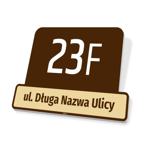 Tabliczka adresowa z polem na numer domu i ulicę w ujęciu pokazującym grubość płyty oraz zaokrąglone narożniki