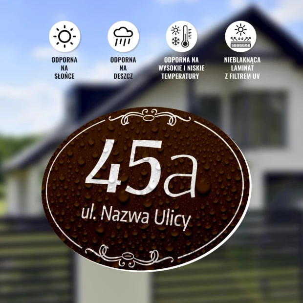 Infografika brązowej owalnej tabliczki adresowej z kroplami wody, pokazująca odporność na warunki atmosferyczne