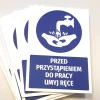 Tabliczka BHP z piktogramem Przed przystąpieniem do pracy umyj ręce - Wzór graficzny. Piktogram przedstawia dłonie pod