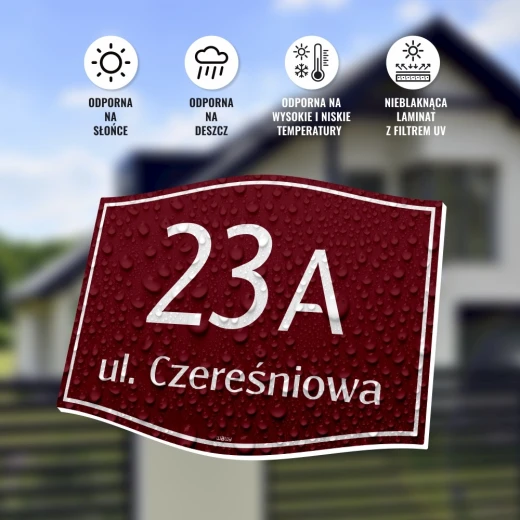 Tabliczka na budynek z przykładowym polem na numer domu i nazwę ulicy, odporna na warunki atmosferyczne