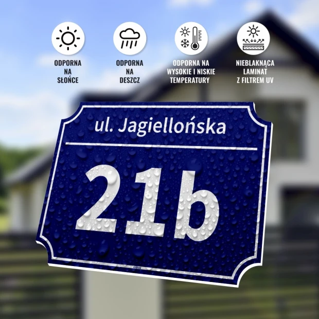 Tabliczka numer, adres posesji, domu - Wzór graficzny. Prostokątna tabliczka z niebieskim tłem, białym napisem i kroplami