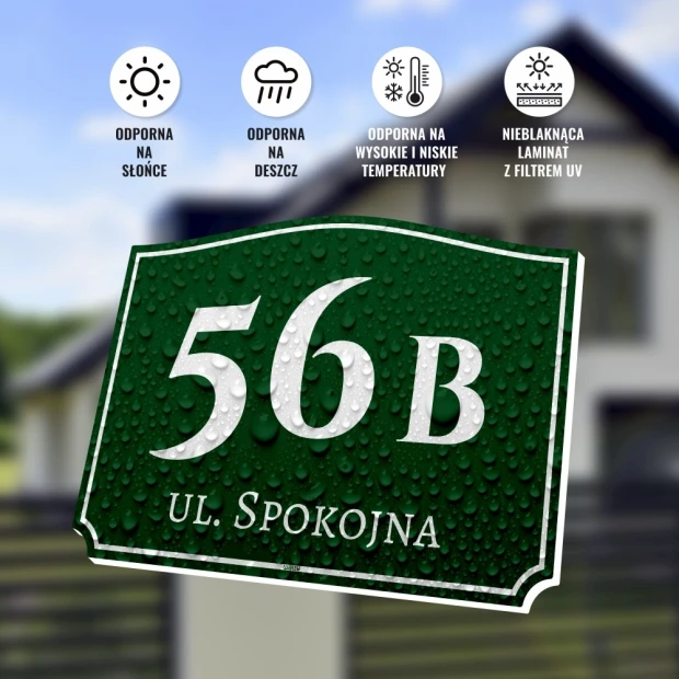 Tabliczka adresowa z polem na numer domu i nazwę ulicy w infografice pokazującej odporność na warunki atmosferyczne