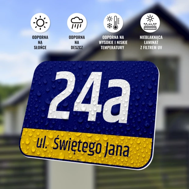 Niebiesko-żółta tabliczka adresowa z polem na numer i ulicę, w infografice pokazującej odporność na warunki atmosferyczne