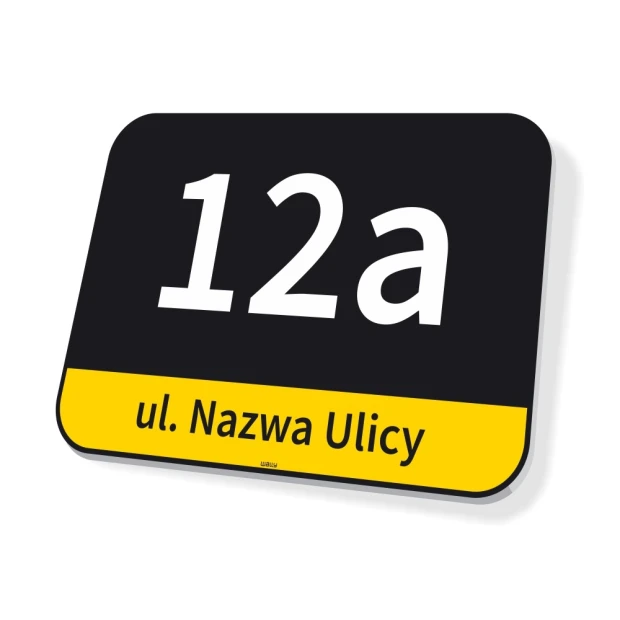 Tabliczka z numerem domu i ulicą Katowice - Wzór graficzny. Prostokątna tabliczka z czarnym tłem, białym numerem i żółtym