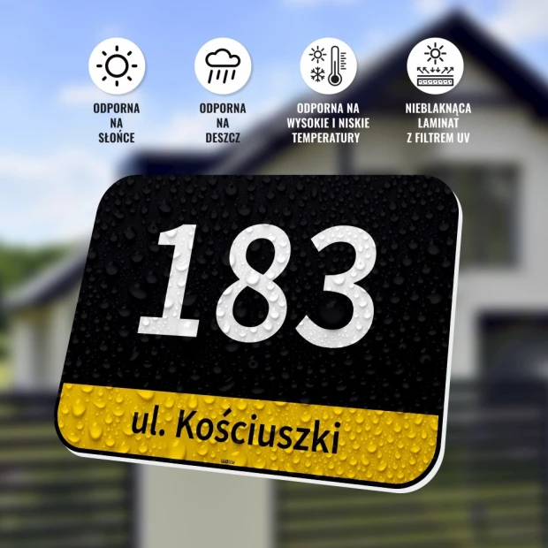 Tabliczka z numerem domu i ulicą Katowice - Wzór graficzny. Prosta forma z dużymi cyframi i napisem na tle z kroplami wody