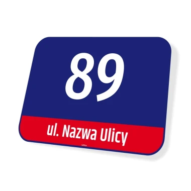 Tabliczka z numerem domu, ulicą, Warszawa - Wzór graficzny. Prosta forma, duże cyfry na ciemnym tle, napis w dolnej części