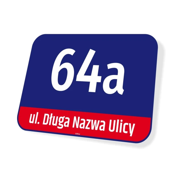 Tabliczka z numerem domu, ulicą, Warszawa - Wzór graficzny. Prostokątna tabliczka z dużymi cyframi i napisem na tle