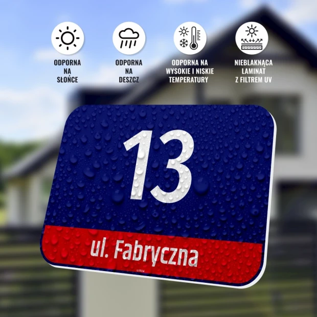 Tabliczka z numerem domu, ulicą, Warszawa - Wzór graficzny. Prostokąt z niebieskim tłem, białym numerem 13 i czerwoną belką