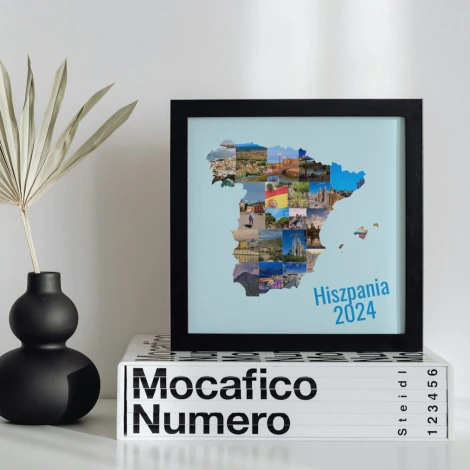Plakat kolaż ze zdjęć w formie różnych kształtów 50x50 cm - Wzór graficzny. Kształt mapy Hiszpanii z różnymi zdjęciami