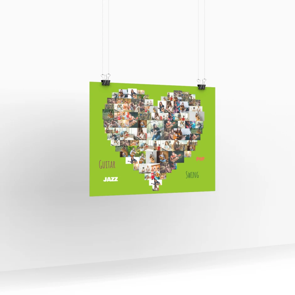 Plakat kolaż ze zdjęć w kształcie serca 50x50 cm - Wzór graficzny. Kształt serca wypełniony zdjęciami na zielonym tle
