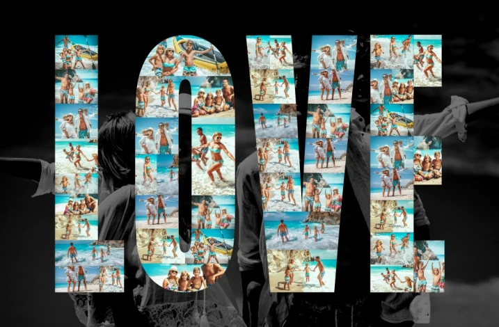 Kolaż ze zdjęć na prezent w formie napisu 40x50 cm - Wzór graficzny. Napis LOVE wypełniony zdjęciami ludzi na plaży