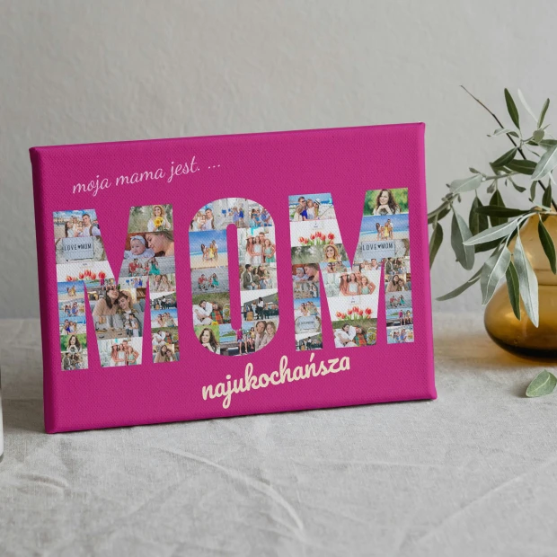 Kolaż ze zdjęć na prezent w formie napisu 30x40 cm - Wzór graficzny. Napis MOM z kolorowymi zdjęciami na różowym tle